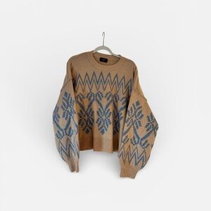 Vici Beige and Blue Geometric Crewneck Sweater